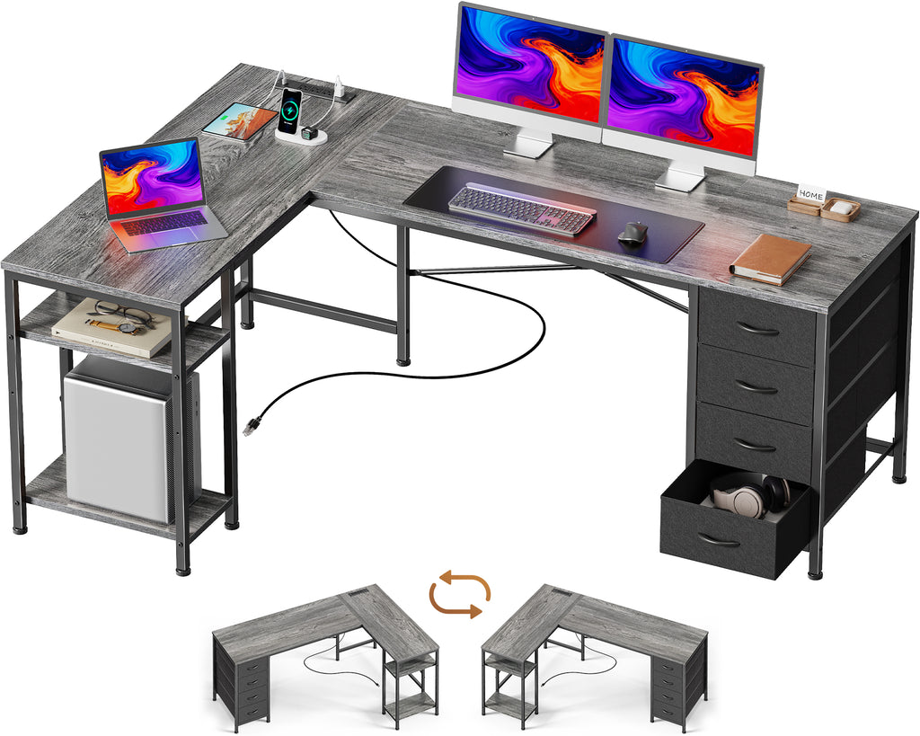 63 Inch L-Shaped Desk with Fabric Drawers, Reversible Home Office & Gaming Desk with Power Outlets, USB-C, and Adjustable Storage Shelves, Black
