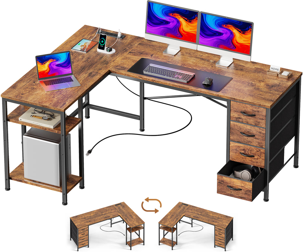 55 Inch L-Shaped Desk with Fabric Drawers, Reversible Home Office & Gaming Desk with Power Outlets, and Adjustable Storage Shelves