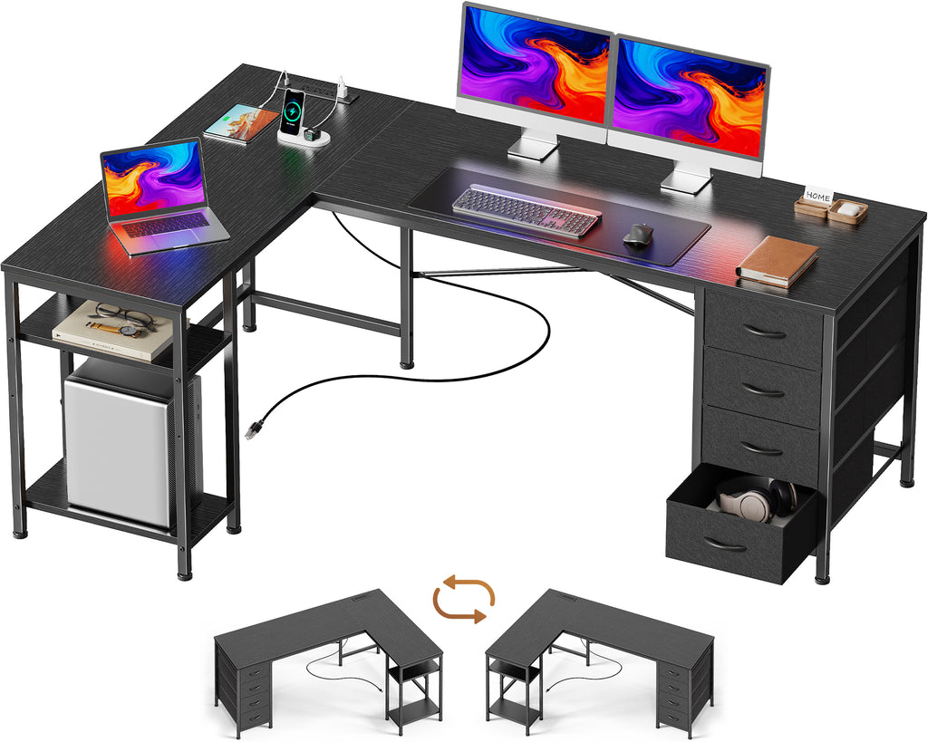 63 Inch L-Shaped Desk with Fabric Drawers, Reversible Home Office & Gaming Desk with Power Outlets, USB-C, and Adjustable Storage Shelves, Black