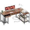 madwell 55 Inch L Shaped Office Desk with 3 Fabric Drawers, Reversible Computer Gaming Desk, Power Outlets and Mesh Shelves, Corner working Study Desk, Rustic Brown