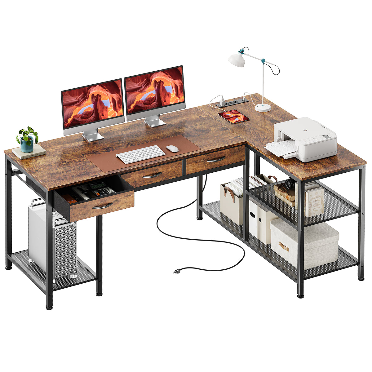 madwell 55 Inch L Shaped Office Desk with 3 Fabric Drawers, Reversible Computer Gaming Desk, Power Outlets and Mesh Shelves, Corner working Study Desk, Rustic Brown