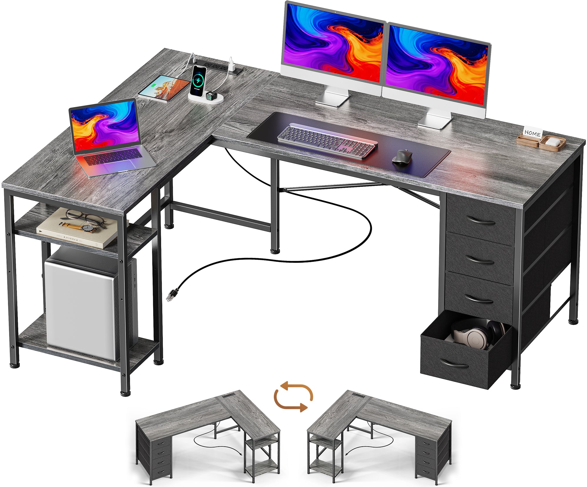55 Inch L-Shaped Desk with Fabric Drawers, Reversible Home Office & Gaming Desk with Power Outlets, USB-C, and Adjustable Storage Shelves