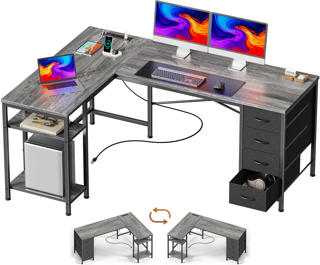 55 Inch L-Shaped Desk with Fabric Drawers, Reversible Home Office & Gaming Desk with Power Outlets, USB-C, and Adjustable Storage Shelves, Gray