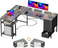 55 Inch L-Shaped Desk with Fabric Drawers, Reversible Home Office & Gaming Desk with Power Outlets, USB-C, and Adjustable Storage Shelves, Gray
