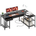 Amadwell 55 Inch L Shaped Office Desk with 3 Fabric Drawers, Reversible Computer Gaming Desk, Power Outlets and Mesh Shelves, Corner working Study Desk, Black
