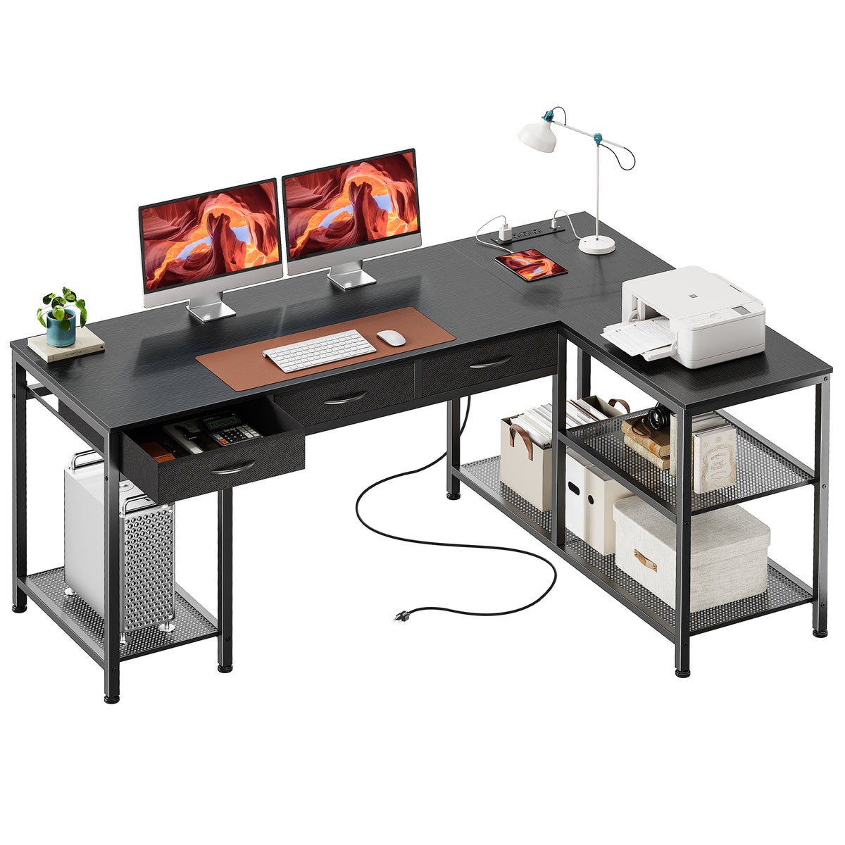 Amadwell 55 Inch L Shaped Office Desk with 3 Fabric Drawers, Reversible Computer Gaming Desk, Power Outlets and Mesh Shelves, Corner working Study Desk, Black