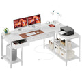 Amadwell 55 Inch L Shaped Office Desk with 3 Fabric Drawers, Reversible Computer Gaming Desk, Power Outlets and Mesh Shelves, Corner working Study Desk, White