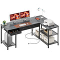 Amadwell 55 Inch L Shaped Office Desk with 3 Fabric Drawers, Reversible Computer Gaming Desk, Power Outlets and Mesh Shelves, Corner working Study Desk, Grey