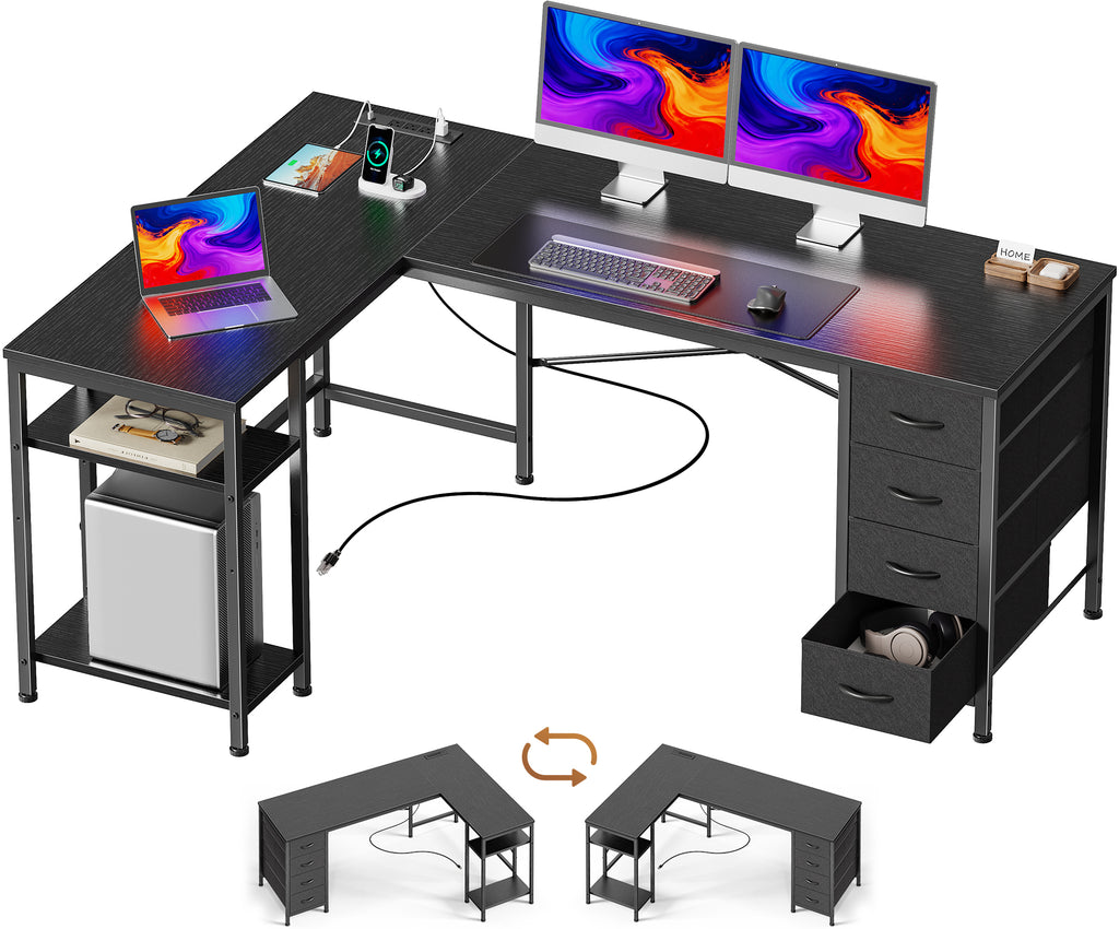 55 Inch L-Shaped Desk with Fabric Drawers, Reversible Home Office & Gaming Desk with Power Outlets, USB-C, and Adjustable Storage Shelves, Black