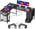 55 Inch L-Shaped Desk with Fabric Drawers, Reversible Home Office & Gaming Desk with Power Outlets, USB-C, and Adjustable Storage Shelves, Black