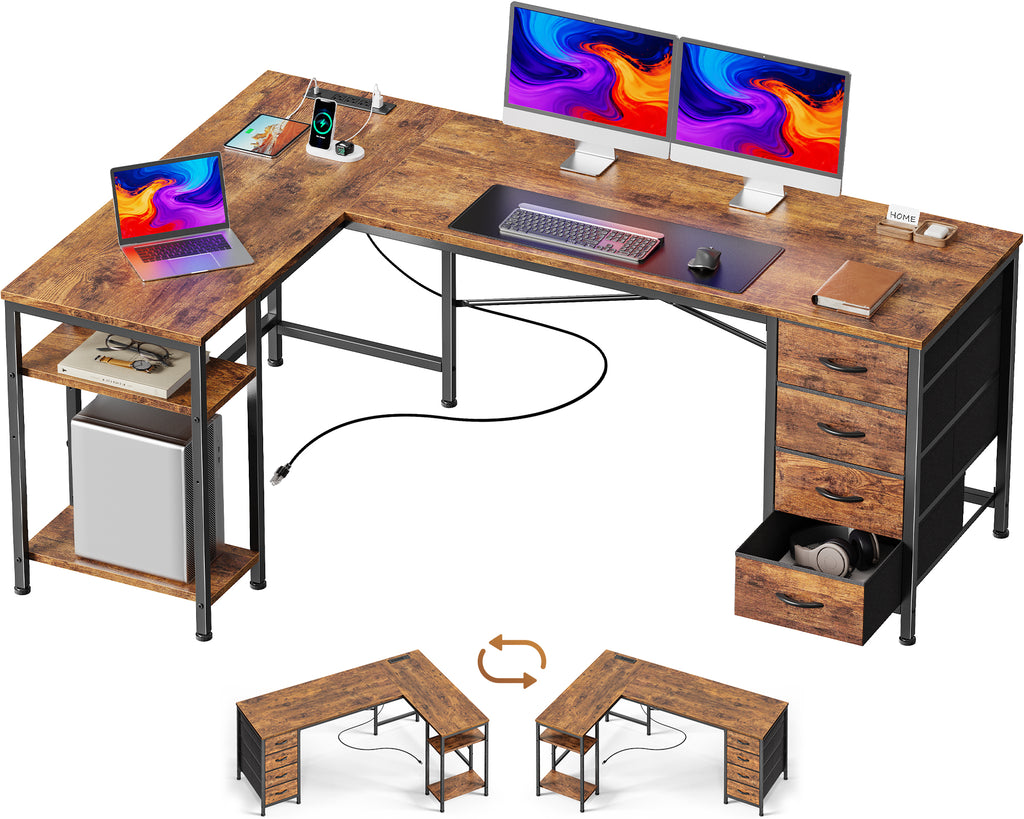 63 Inch L-Shaped Desk with Fabric Drawers, Reversible Home Office & Gaming Desk with Power Outlets, USB-C, and Adjustable Storage Shelves, Brown