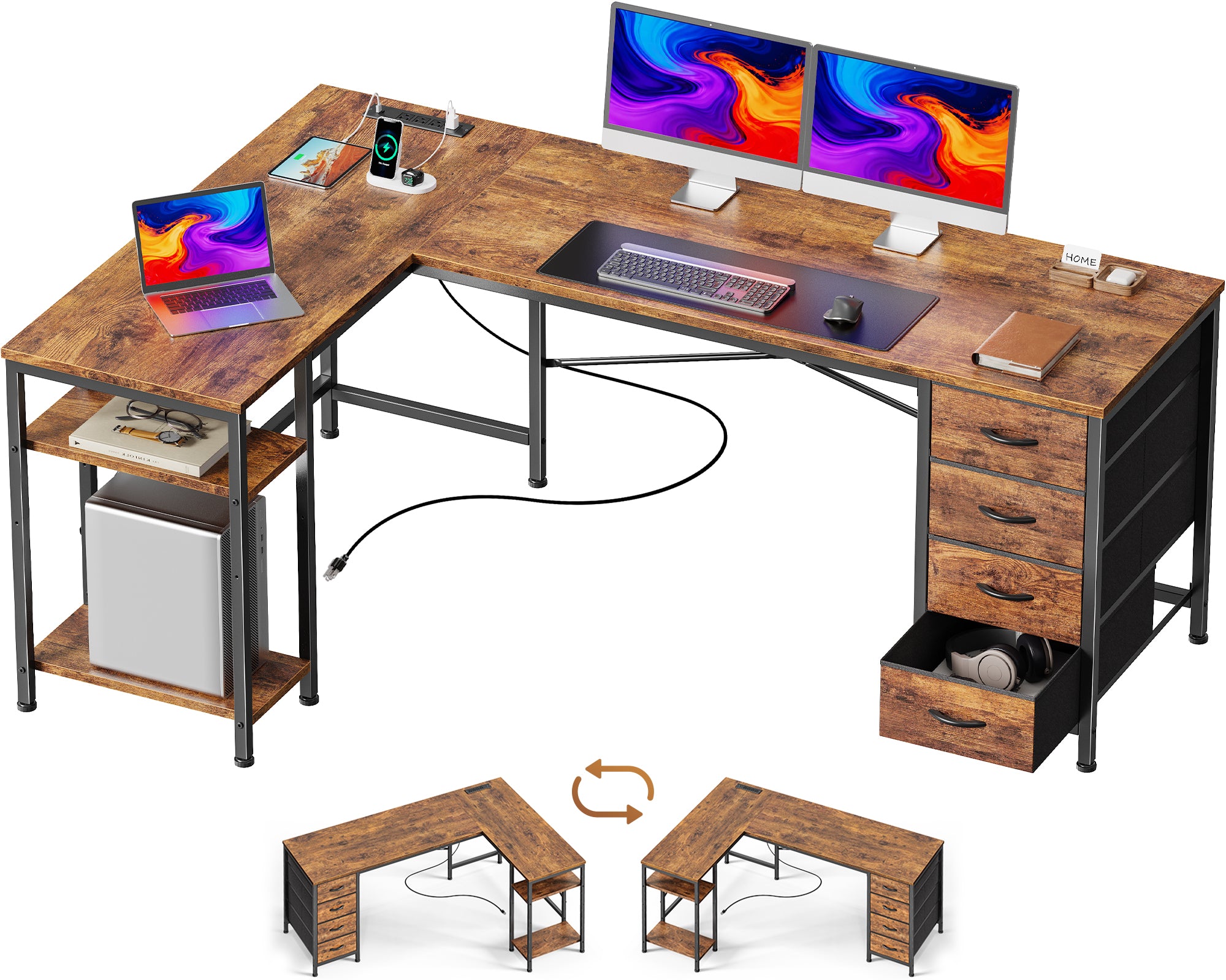 63 Inch L-Shaped Desk with Fabric Drawers, Reversible Home Office & Gaming Desk with Power Outlets, USB-C, and Adjustable Storage Shelves, Brown