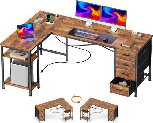 63 Inch L-Shaped Desk with Fabric Drawers, Reversible Home Office & Gaming Desk with Power Outlets, USB-C, and Adjustable Storage Shelves, Brown
