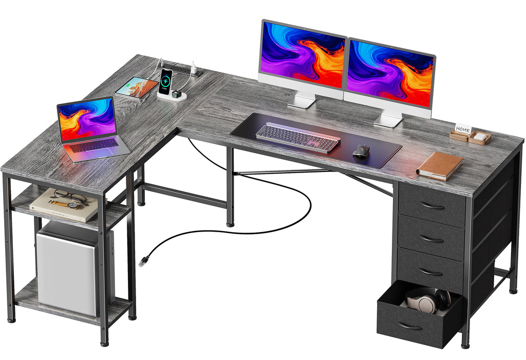 63 Inch L-Shaped Desk with Fabric Drawers, Reversible Home Office & Gaming Desk with Power Outlets, USB-C, and Adjustable Storage Shelves, Black