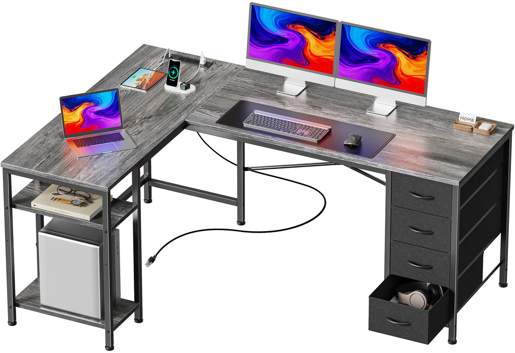 55 Inch L-Shaped Desk with Fabric Drawers, Reversible Home Office & Gaming Desk with Power Outlets, USB-C, and Adjustable Storage Shelves, Gray