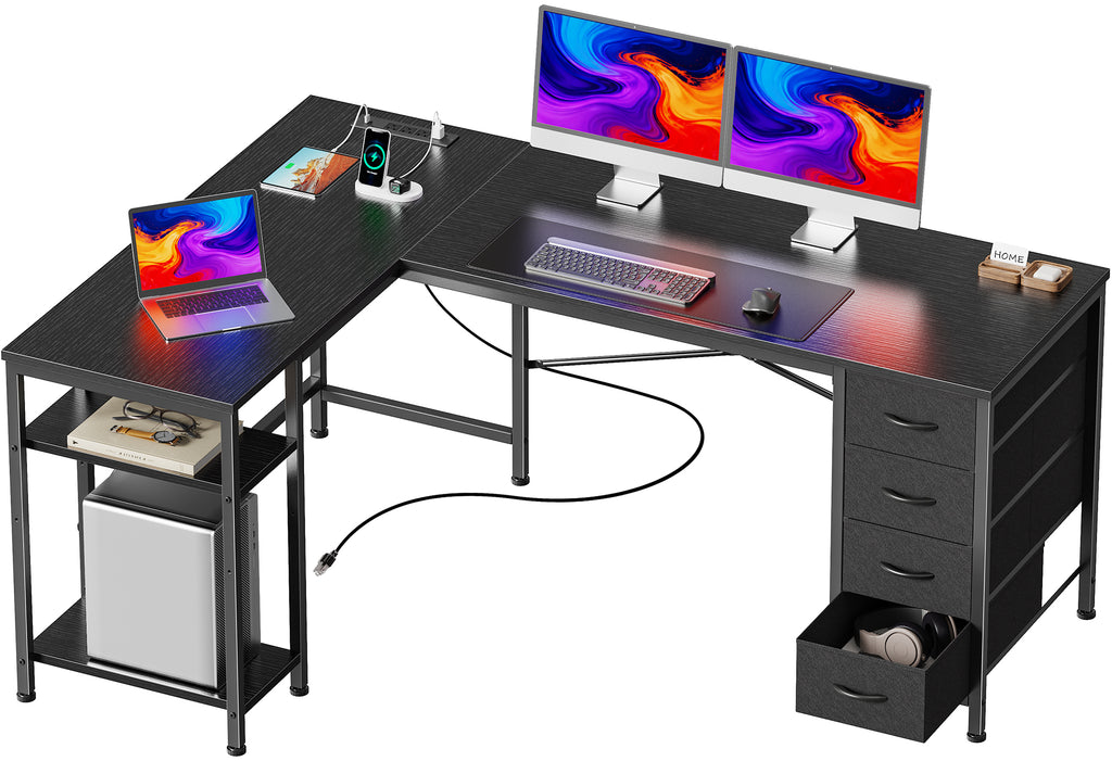 55 Inch L-Shaped Desk with Fabric Drawers, Reversible Home Office & Gaming Desk with Power Outlets, USB-C, and Adjustable Storage Shelves, Black