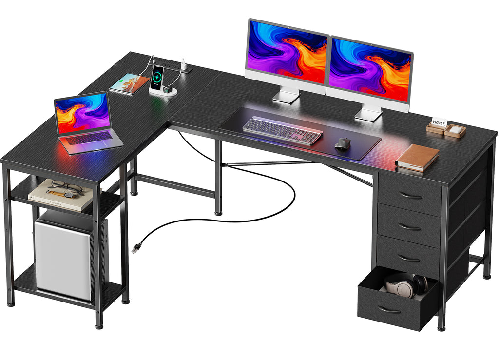63 Inch L-Shaped Desk with Fabric Drawers, Reversible Home Office & Gaming Desk with Power Outlets, USB-C, and Adjustable Storage Shelves, Black