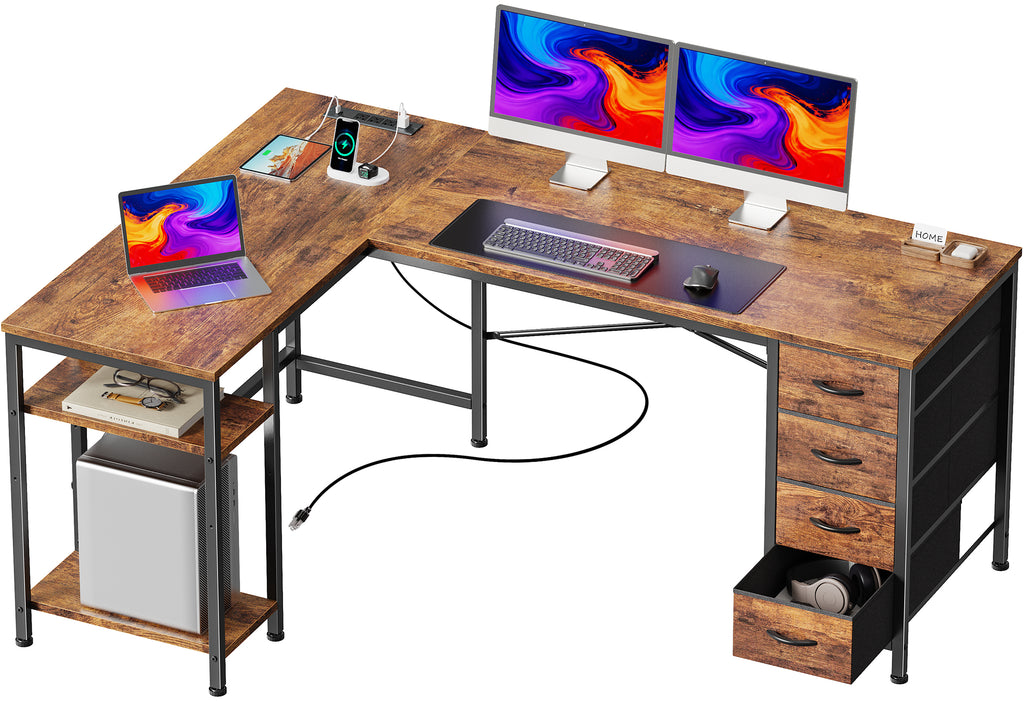 55 Inch L-Shaped Desk with Fabric Drawers, Reversible Home Office & Gaming Desk with Power Outlets, and Adjustable Storage Shelves