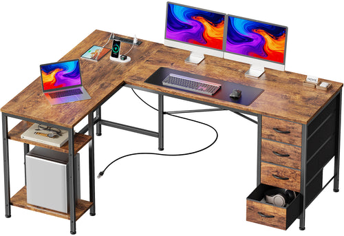 55 Inch L-Shaped Desk with Fabric Drawers, Reversible Home Office & Gaming Desk with Power Outlets, and Adjustable Storage Shelves