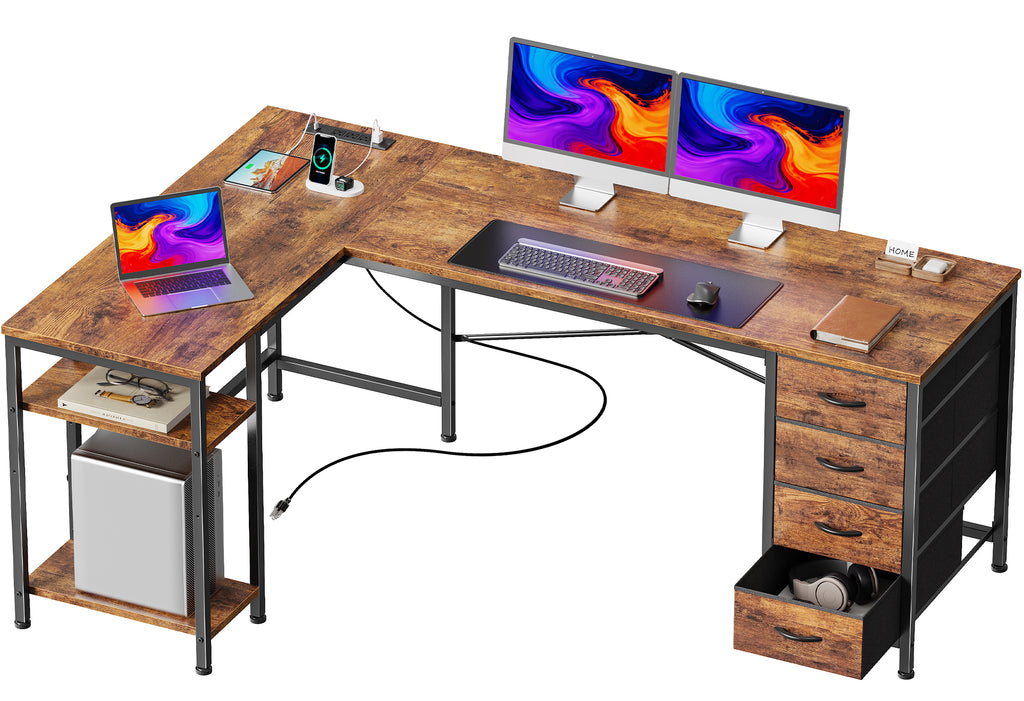 63 Inch L-Shaped Desk with Fabric Drawers, Reversible Home Office & Gaming Desk with Power Outlets, USB-C, and Adjustable Storage Shelves, Brown