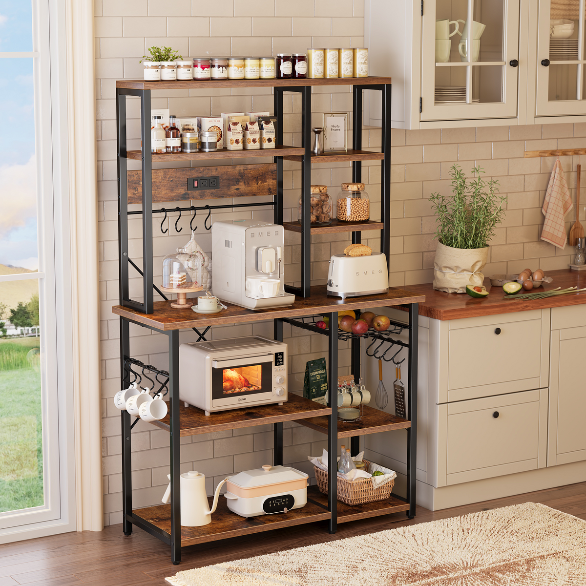 Amadwell 39.4" Large Bakers Rack, 6-Tier Microwave Stand with Power Outlets, Kitchen Shelf with Wire Basket, Brown
