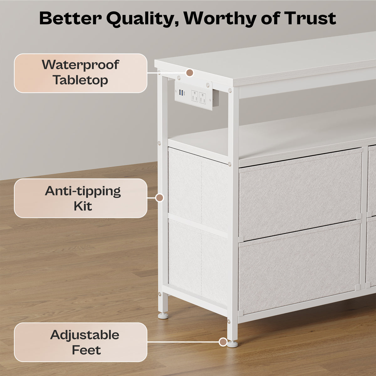 Amadwell 54 Inch LED TV Stand Dresser for 65 Inch TVs, 6 Drawer Entertainment Center with Power Outlets, Media Console with Storage, White