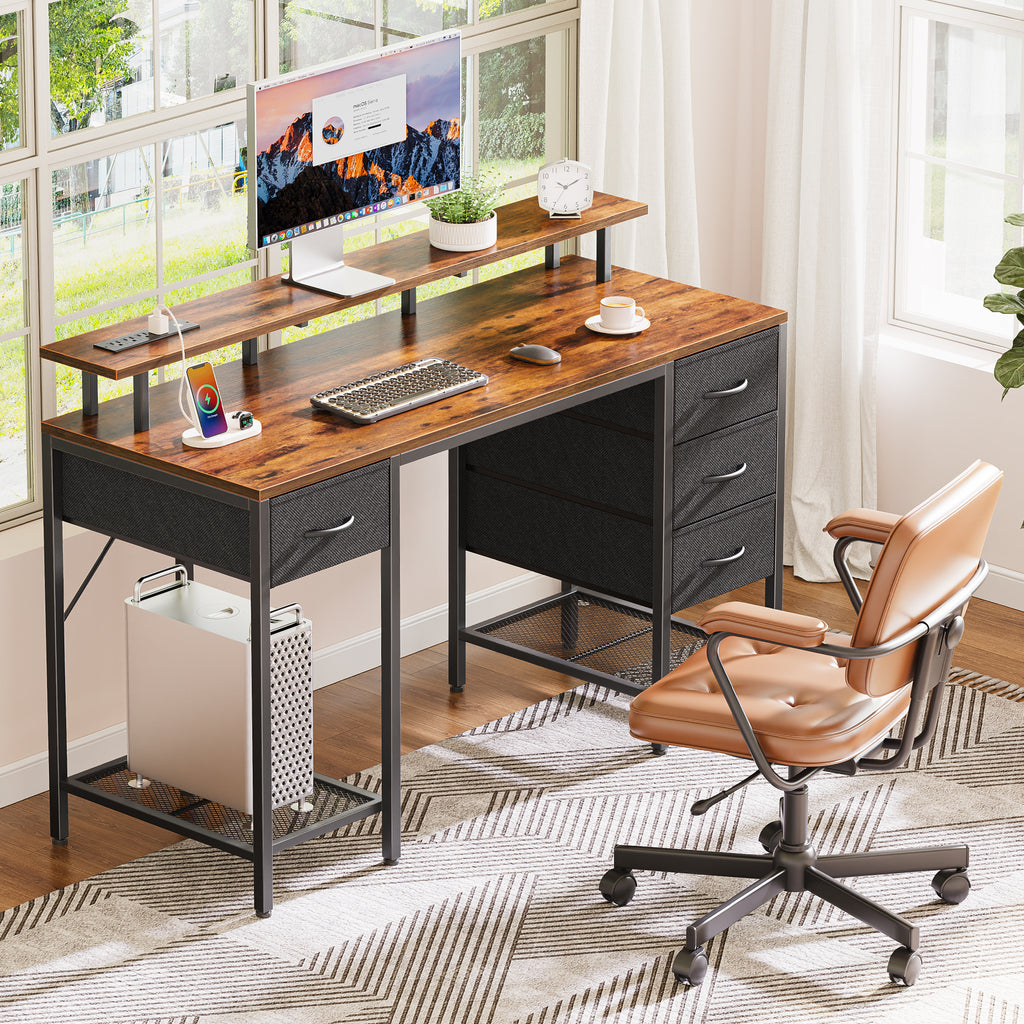 Amadwell 55" Gaming Computer Desk with LED Lights, Power Outlets, Home Office Writing Desk with 4 Drawers, Rustic Brown