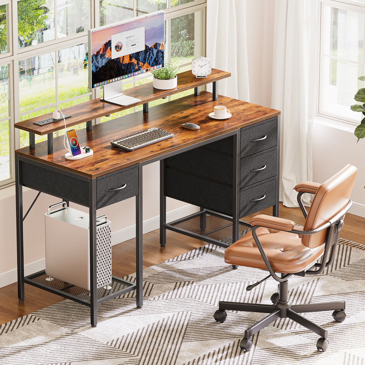 Amadwell 55" Gaming Computer Desk with LED Lights, Power Outlets, Home Office Writing Desk with 4 Drawers, Rustic Brown