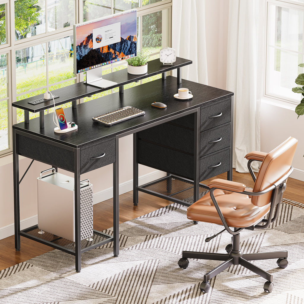 Amadwell 55" Gaming Computer Desk with LED Lights, Power Outlets, Home Office Writing Desk with 4 Drawers, Black
