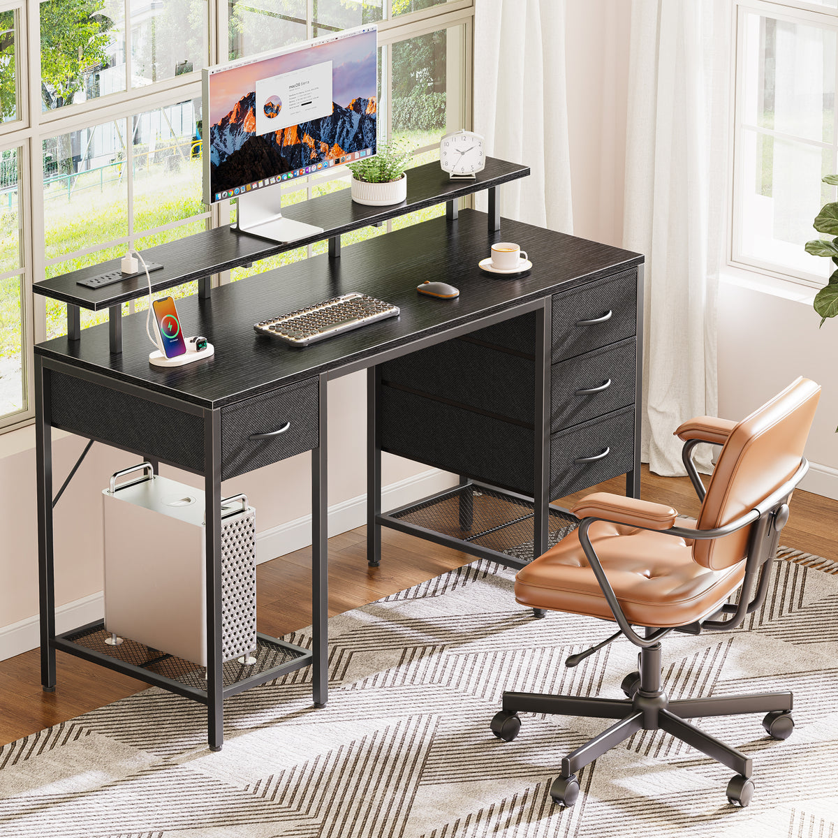 Amadwell 55" Gaming Computer Desk with LED Lights, Power Outlets, Home Office Writing Desk with 4 Drawers, Black