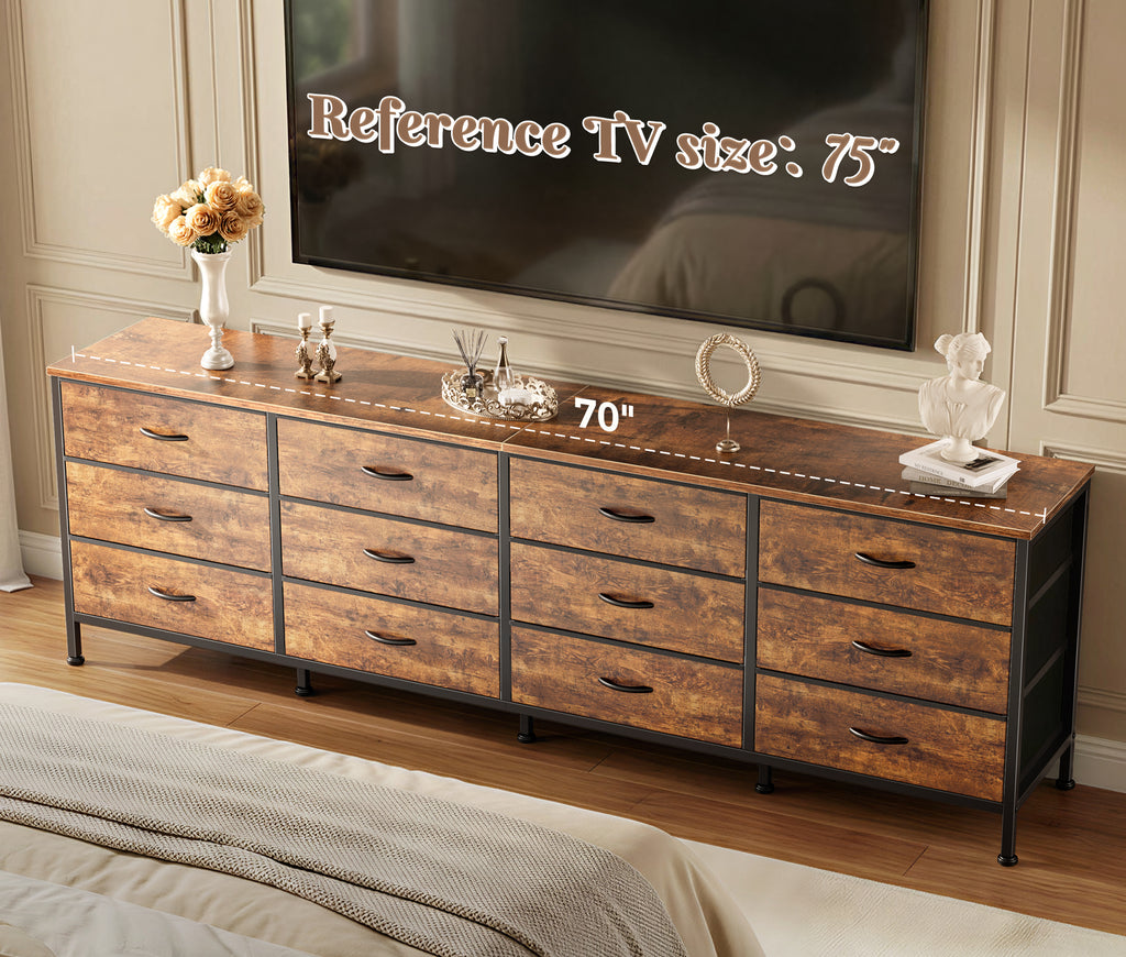 70 Inch Large Dresser for Bedroom, 12 Drawer TV Stand for 65, 75 Inch TV, Long Dresser for Living Room, Brown