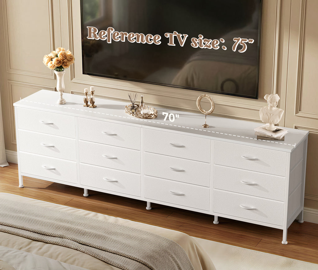 70 Inch Large Dresser for Bedroom, 12 Drawer TV Stand for 65, 75 Inch TV, Long Dresser for Living Room, White