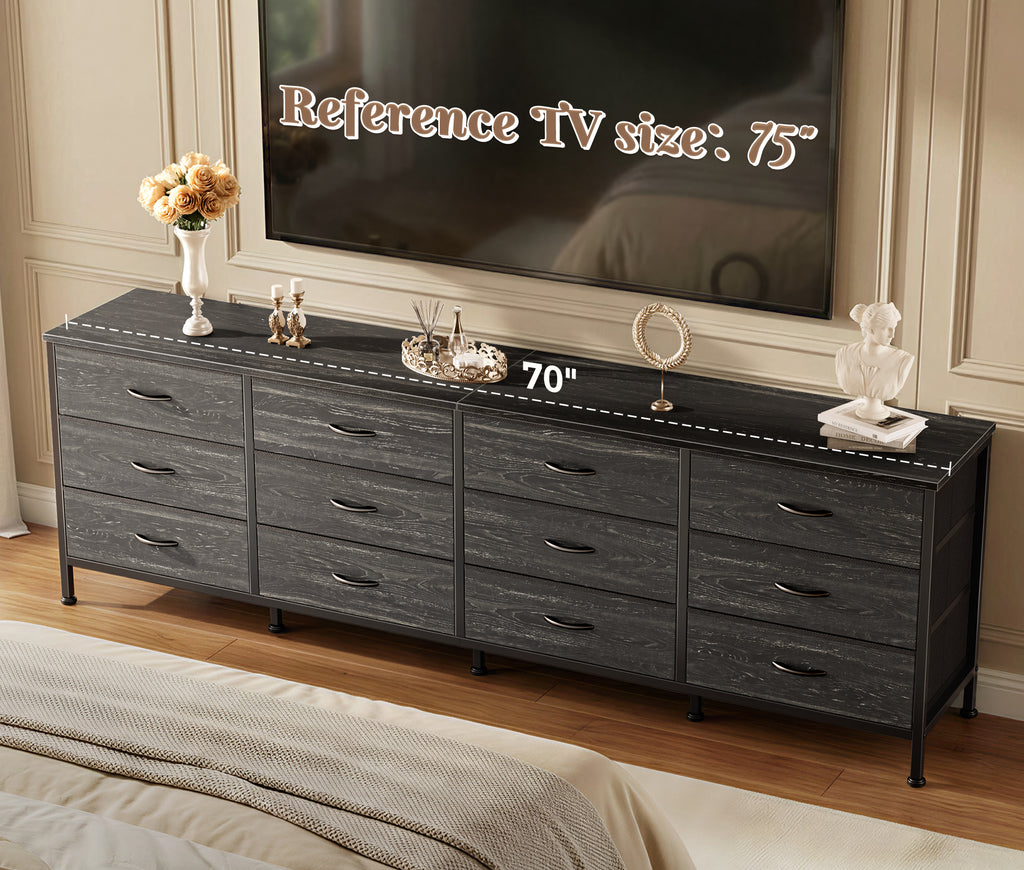 70 Inch Large Dresser for Bedroom, 12 Drawer TV Stand for 65, 75 Inch TV, Long Dresser for Living Room, Charcoal Black Wood Grain Print