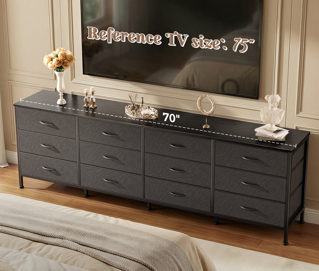 70 Inch Large Dresser for Bedroom, 12 Drawer TV Stand for 65, 75 Inch TV, Long Dresser for Living Room, Black