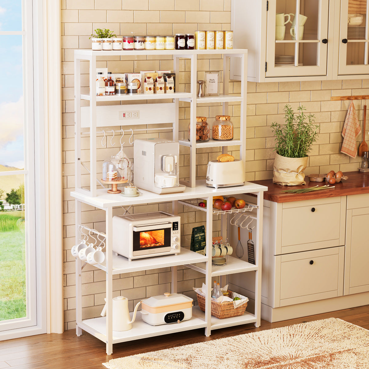 Amadwell 39.4" Large Bakers Rack, 6-Tier Microwave Stand with Power Outlets, Kitchen Shelf with Wire Basket, White
