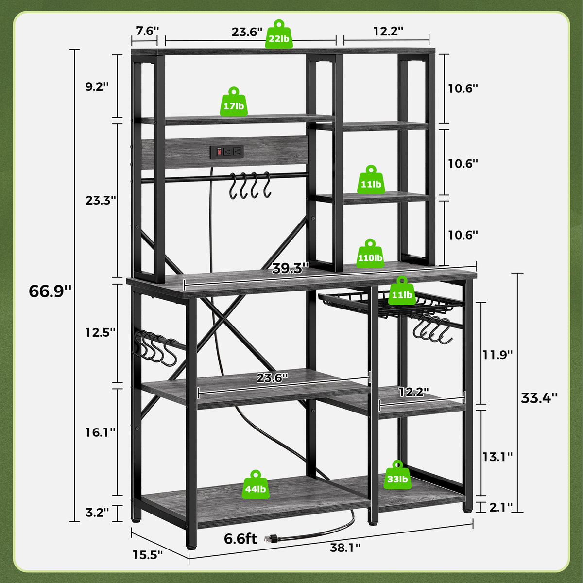 Amadwell 39.4" Large Bakers Rack, 6-Tier Microwave Stand with Power Outlets, Kitchen Shelf with Wire Basket, Gray
