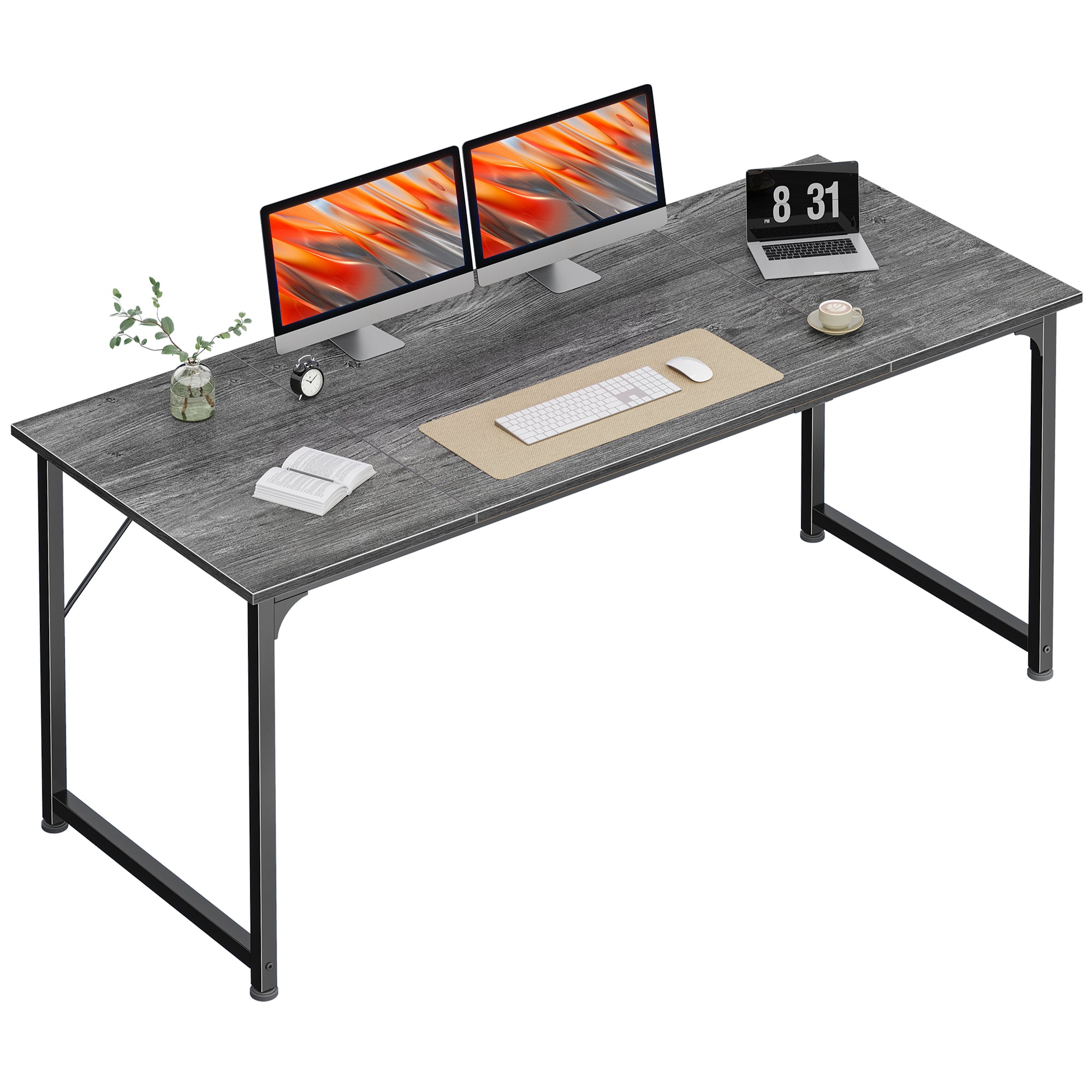 63" Computer Desk, Modern Office, Study & Gaming Desk with Storage, Large Legroom, Sturdy Metal Frame, Grey