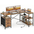 54 Inch L Shaped Office Desk with Power Outlets, Computer Desk with Drawers, Corner Desk for Home Office, Rustic Brown