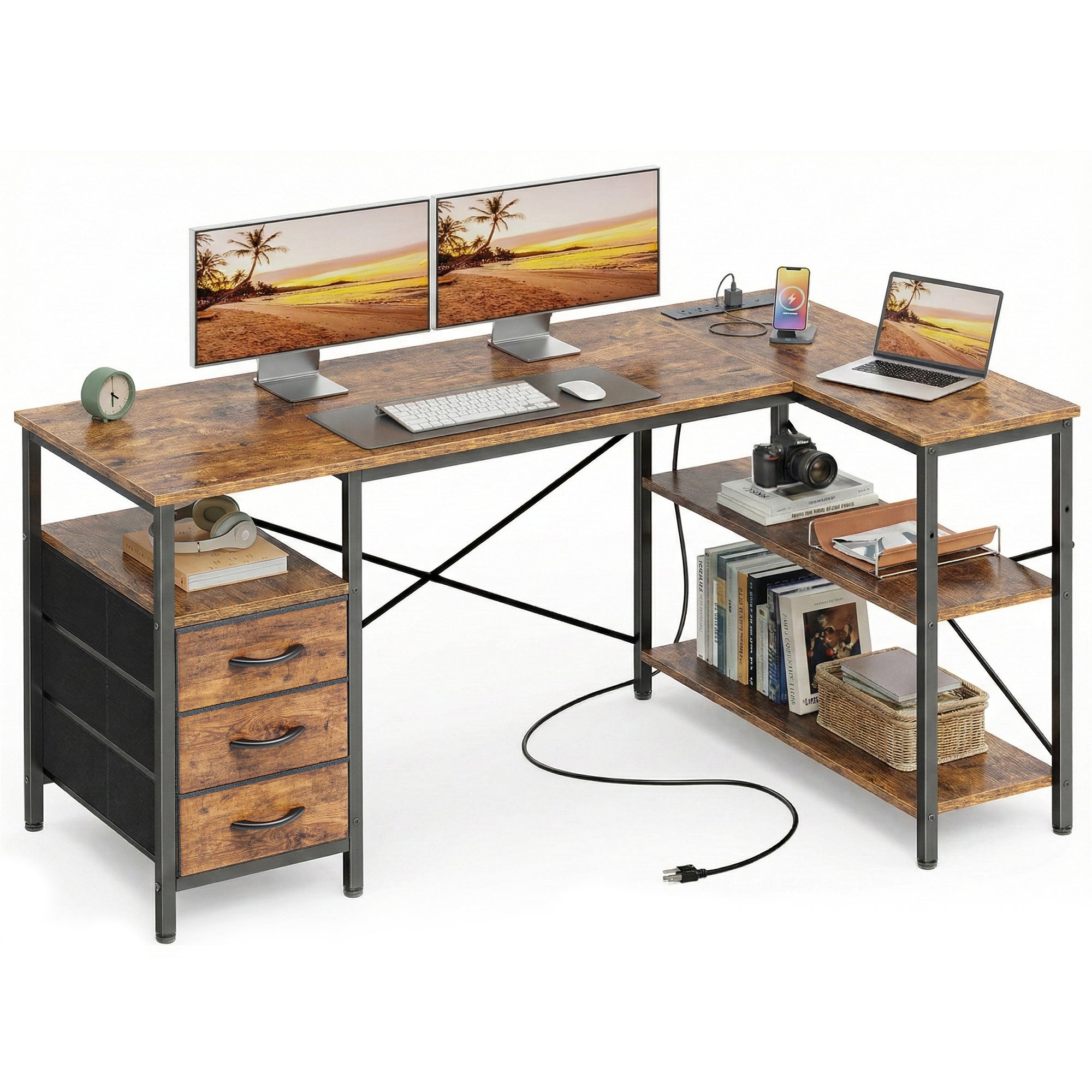 54 Inch L Shaped Office Desk with Power Outlets, Computer Desk with Drawers, Corner Desk for Home Office, Rustic Brown