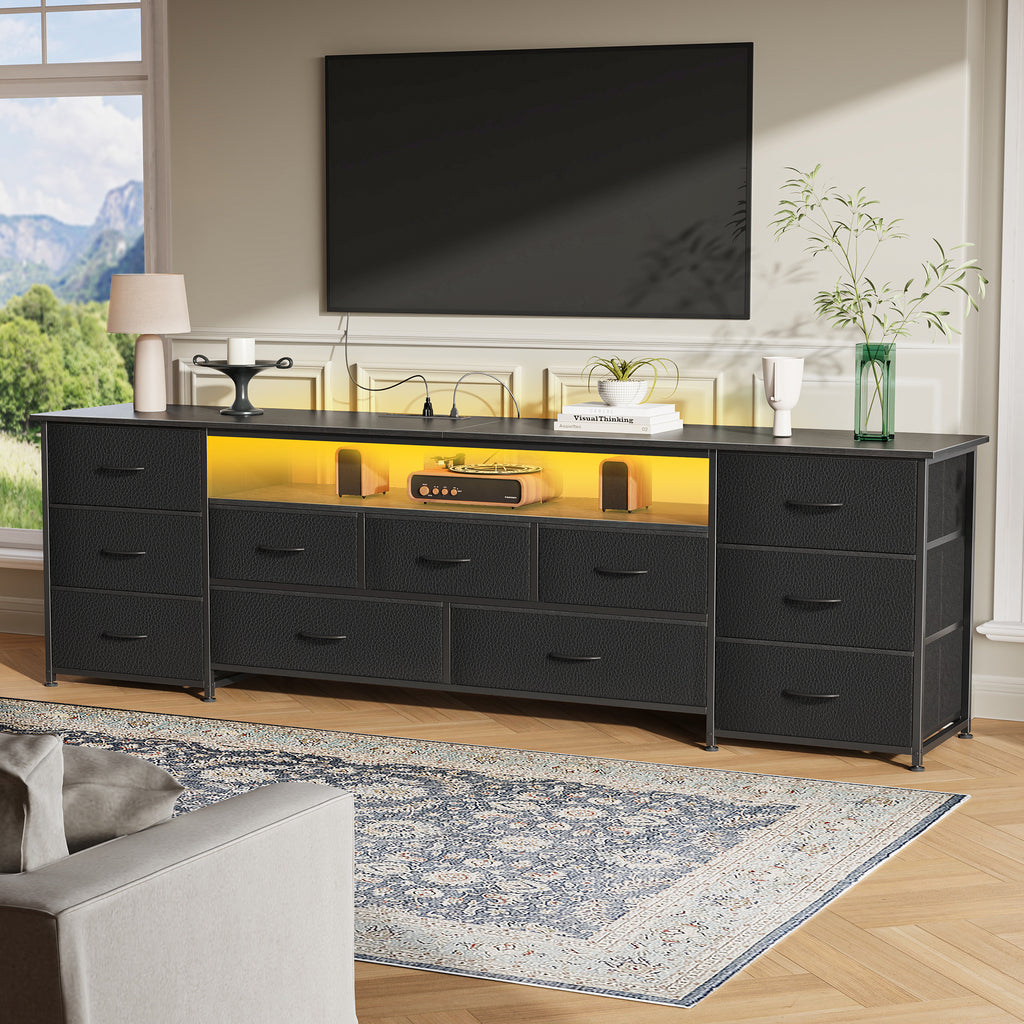 Amadwell Large TV Stand for 75, 80 Inch TVs, 11 Drawers with Power Outlets & LED Lights, 70 inch Entertainment Center