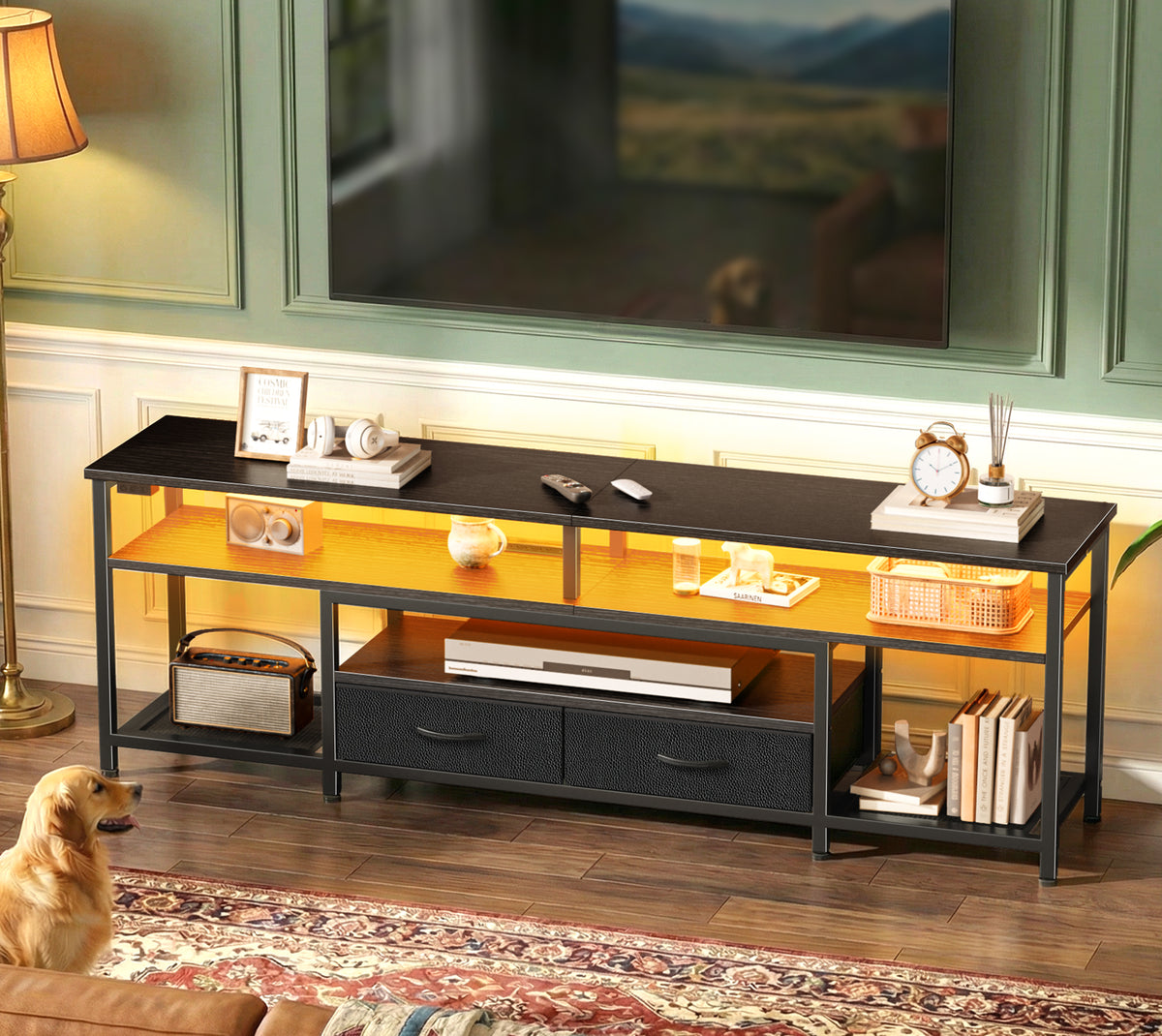 Amadwell 63" LED TV Stand for 65-70 Inch TVs, Entertainment Center with Power Outlets & Drawers, Rustic Brown