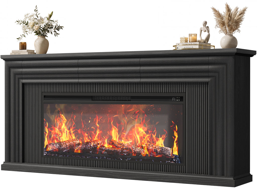 Amadwell 70'' Fireplace TV Stand for 65 75'' TV, Farmhouse TV Stand with 42'' Electric Fireplace, Entertainment Center TV Console for Living Room, 3 Storage Drawers & Fluted Design, Black