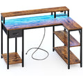 Amadwell 47 Inch L Shaped Desk with LED Strip, Corner Gaming Desk with Power Outlet, Drawer & Shelves, Brown