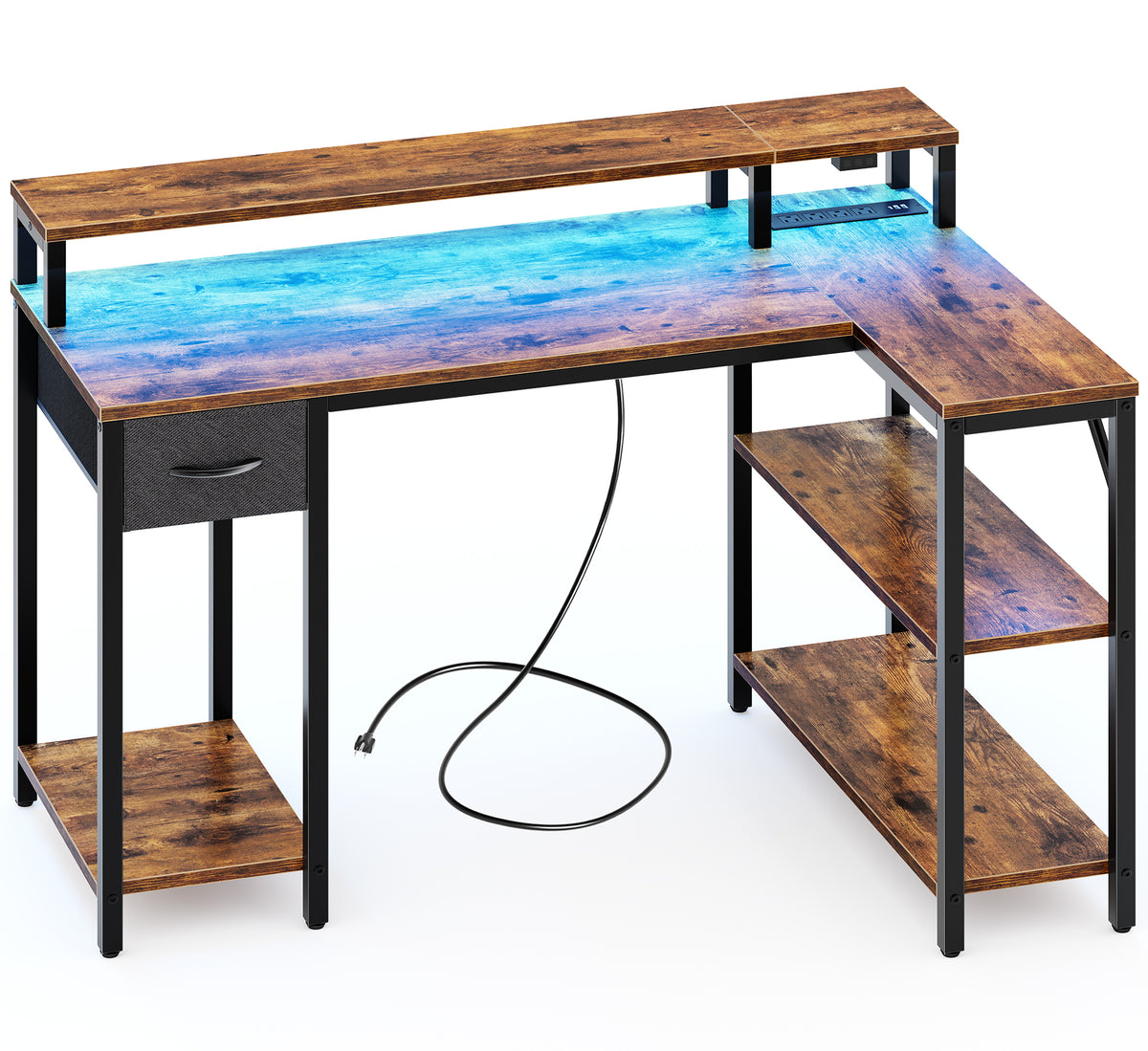 Amadwell 47 Inch L Shaped Desk with LED Strip, Corner Gaming Desk with Power Outlet, Drawer & Shelves, Brown