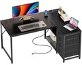 Amadwell 43 Inch L Shaped Desk with Power Outlets & Drawers, Reversible L-Shape Computer Desk, Black