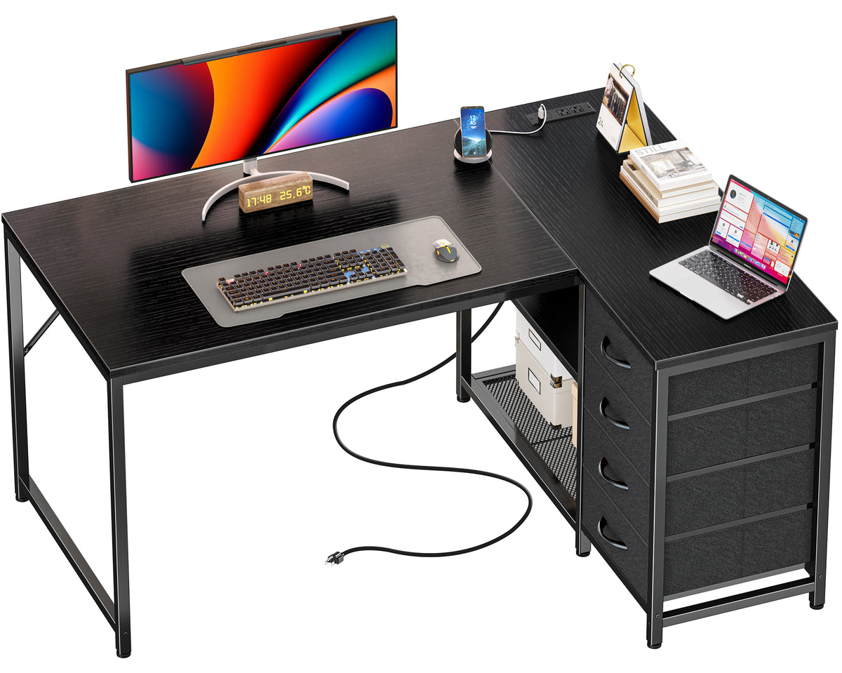 Amadwell 43 Inch L Shaped Desk with Power Outlets & Drawers, Reversible L-Shape Computer Desk, Black