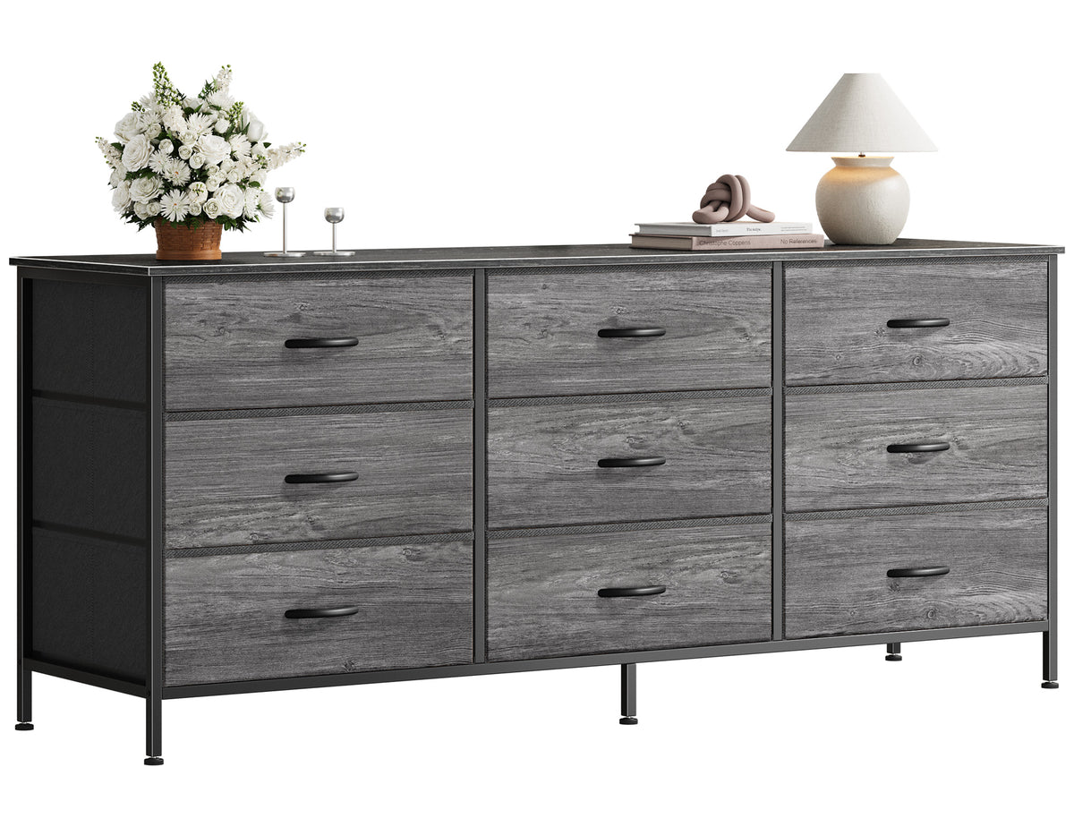 9 Drawer Bedroom Dresser with Storage, 55 Inch TV Stand for 55, 60 Inch TV, Fabric Chest for Closet, Gray