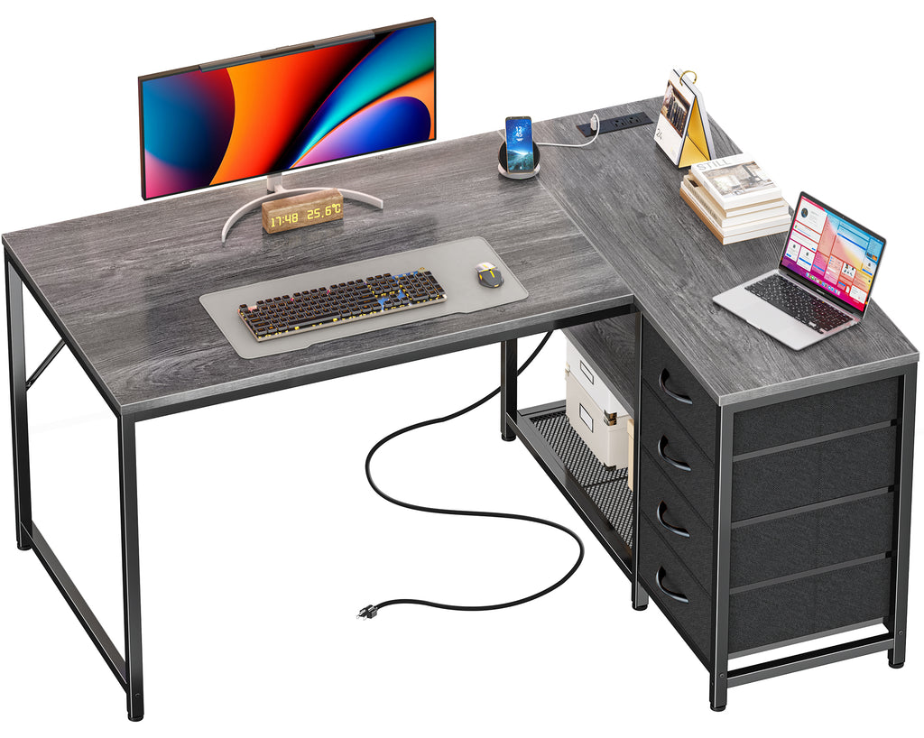 Amadwell 43 Inch L Shaped Desk with Power Outlets & Drawers, Reversible L-Shape Computer Desk, Gray