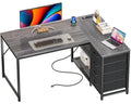 Amadwell 43 Inch L Shaped Desk with Power Outlets & Drawers, Reversible L-Shape Computer Desk, Gray