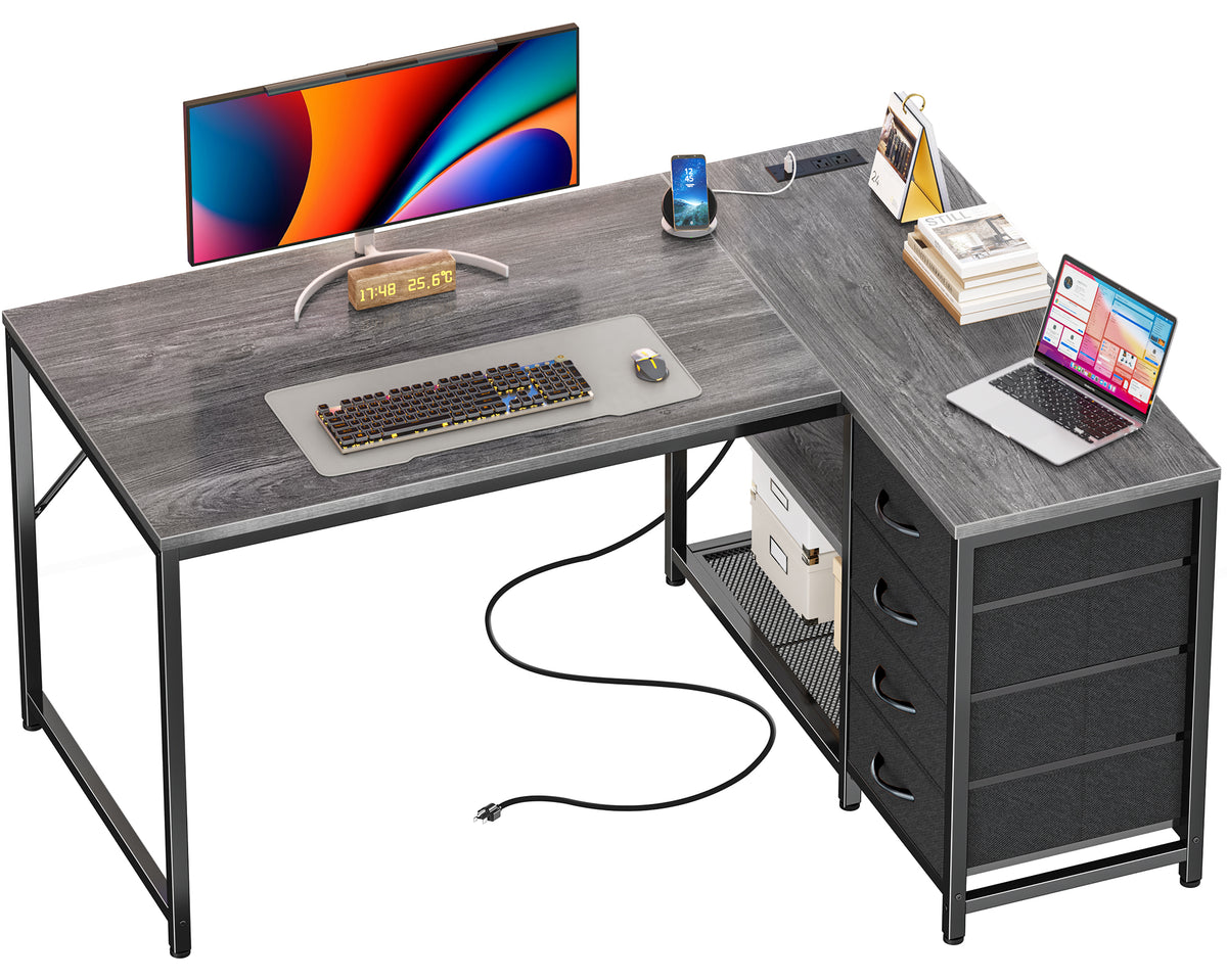 Amadwell 43 Inch L Shaped Desk with Power Outlets & Drawers, Reversible L-Shape Computer Desk, Gray